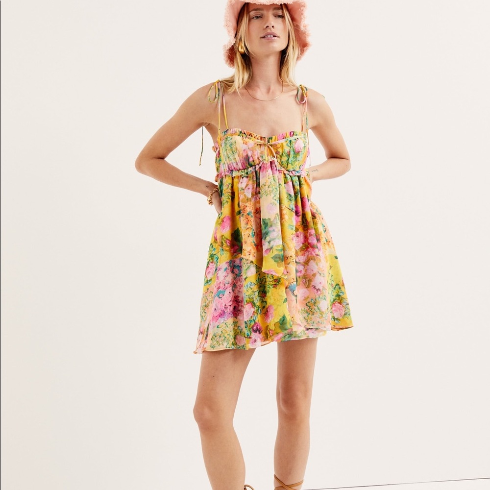 NWT For Love & Lemons Yellow Pink Floral Tie-Shoulder Mini Dress